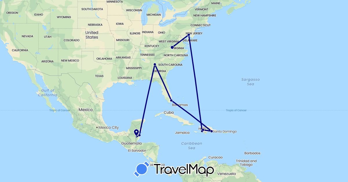 TravelMap itinerary: driving in Belize, Dominican Republic, Haiti, United States (North America)
